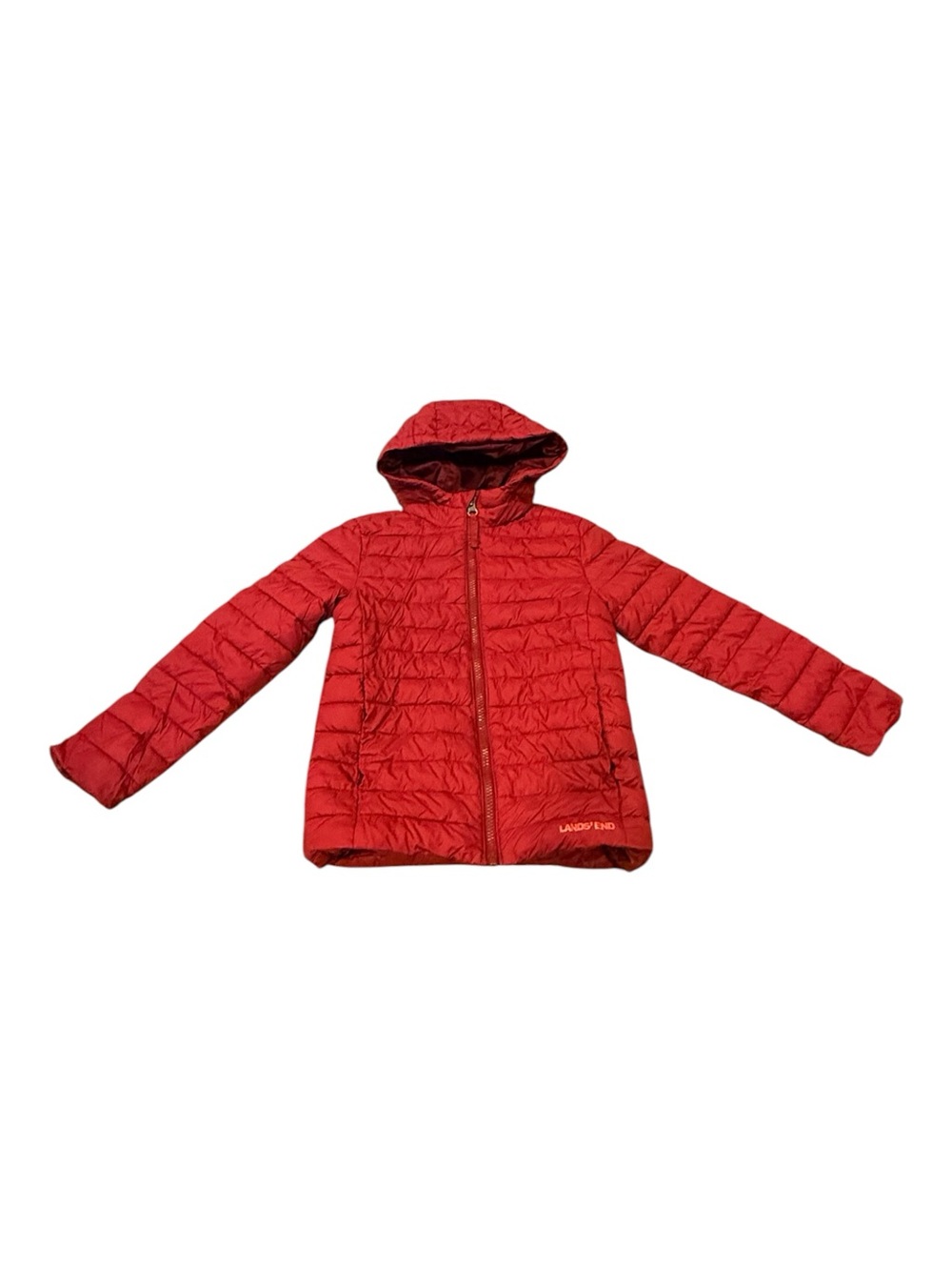 Boys Lands End Hooded Puffer Jacket Red Lightweight Insulated Size S 6-7